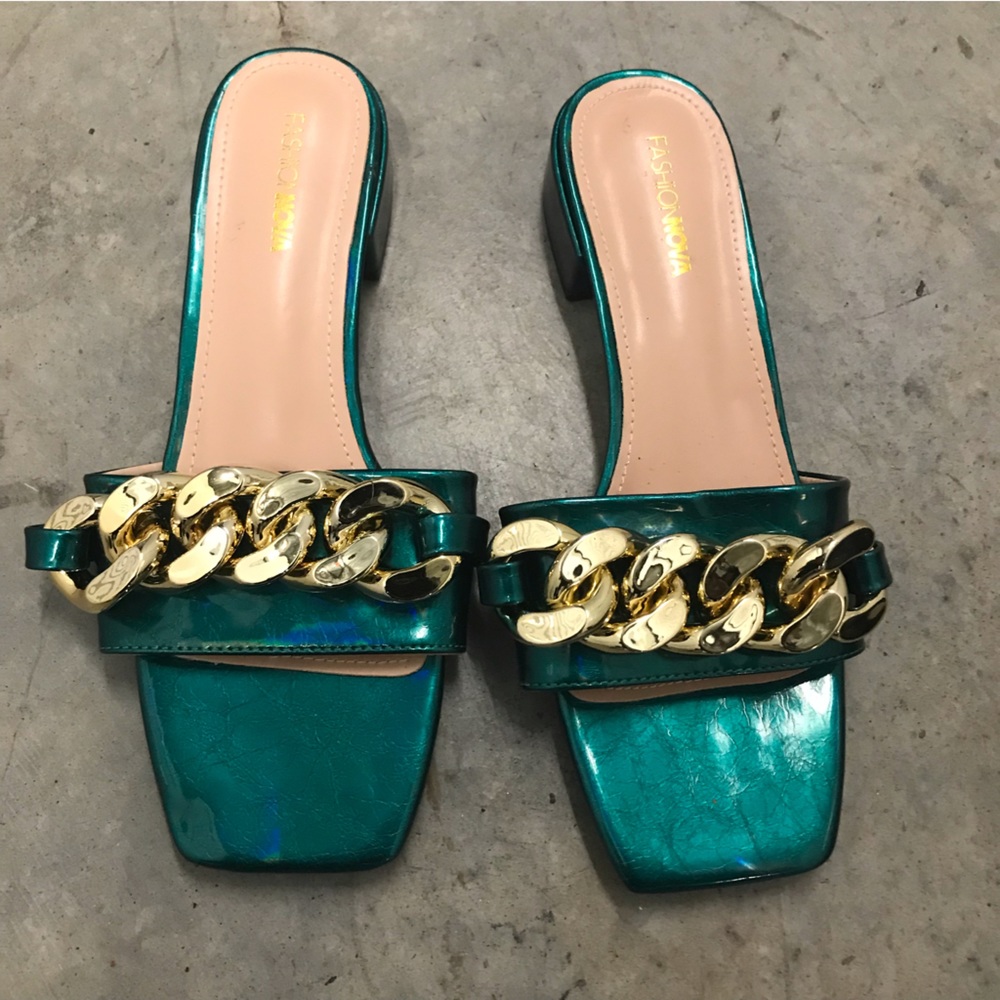 Fashionova SZ 9 Womens Sandals Green/Gold